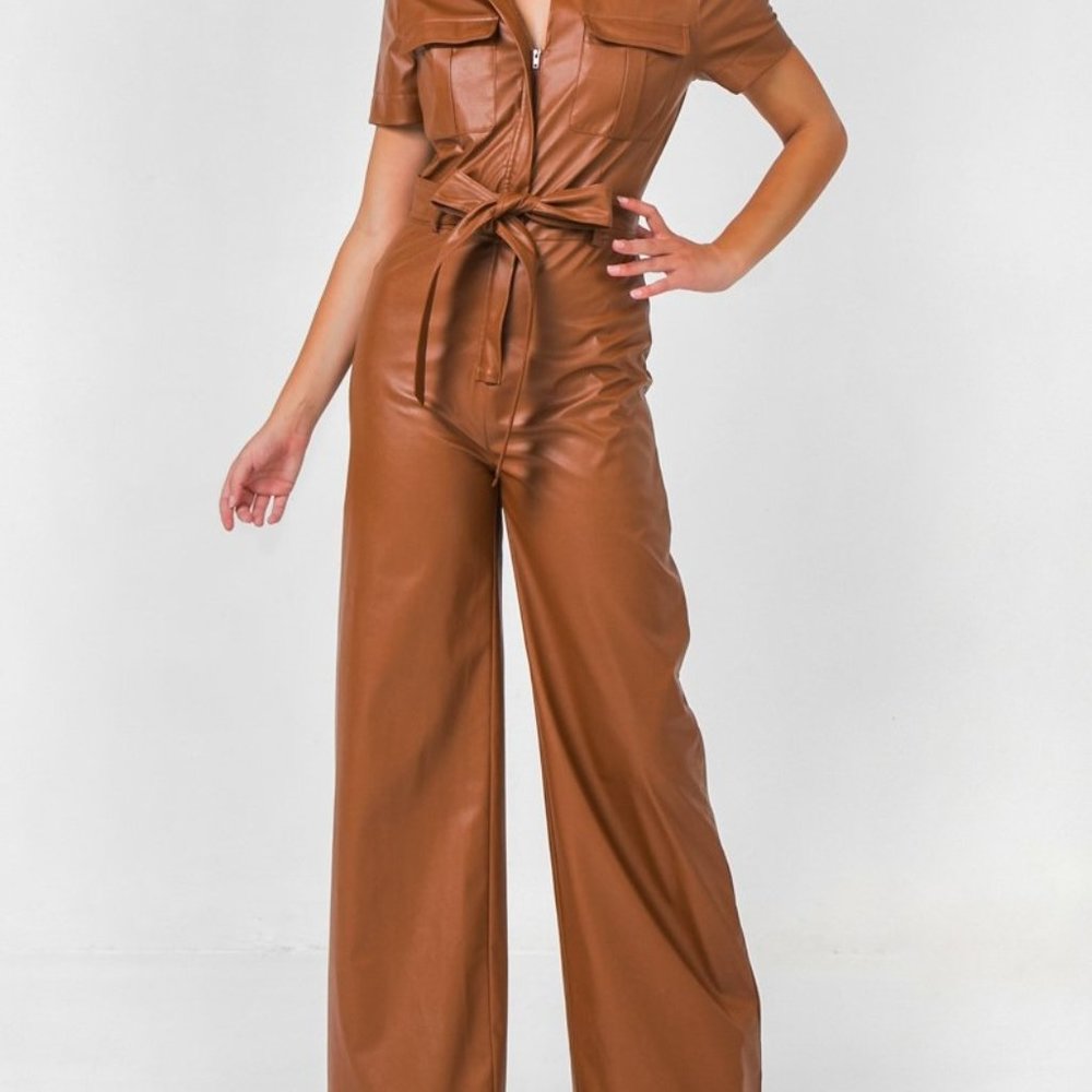 Faux Leather Jumpsuit in Brown